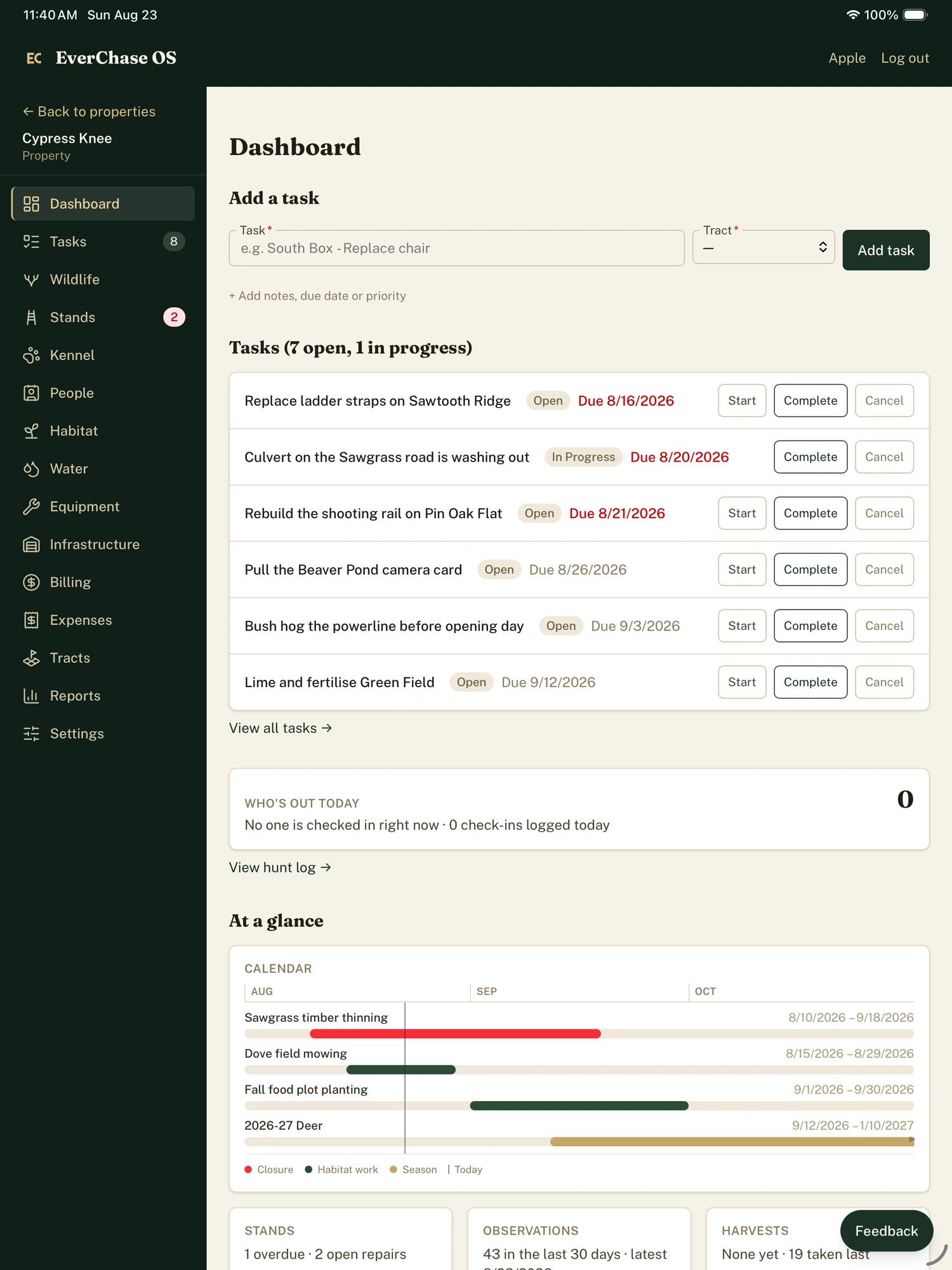EverChase property dashboard with current tasks and seasonal activity